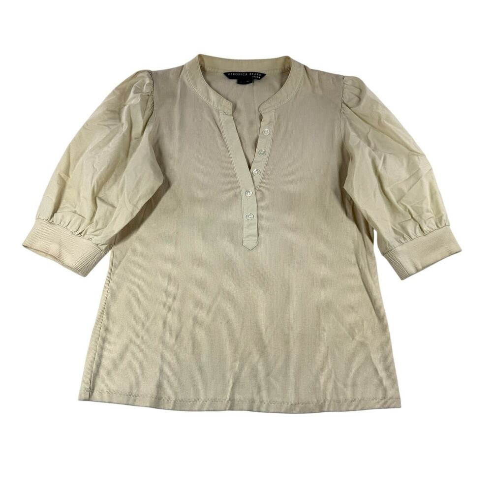 Veronica Beard Jeans Coralee Top L Beige Neutral Puff Sleeve Shirt Ribbed Henley